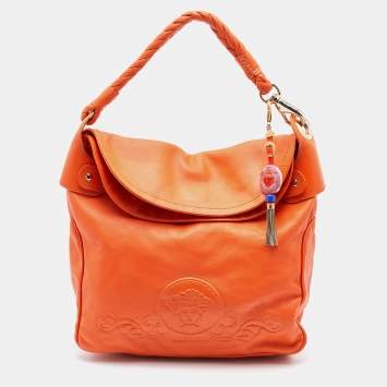 مملوكة مسبقًا Versace Orange Leather Medusa Logo Braided Handle Hobo