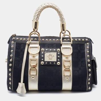 Pre Owned Versace Black/Gold Signature Fabric and Leather Studded Snap Out Of It Satchel
