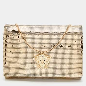 Pre Owned Versace Metallic Gold Metal Mesh Palazzo Medusa Chain Clutch
