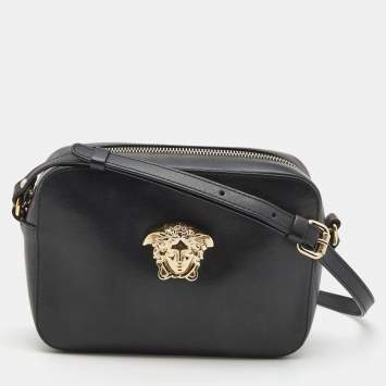 Pre Owned Versace Black Leather Palazzo Camera Crossbody Bag 