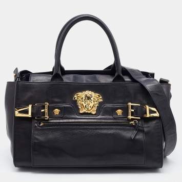 Pre Owned Versace Black Leather Donna Palazzo Tote
