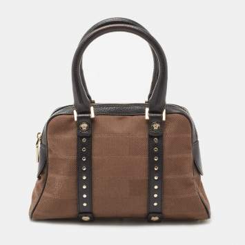 Pre Owned Versace Brown/Black Medusa Print Fabric and Leather Studded Satchel