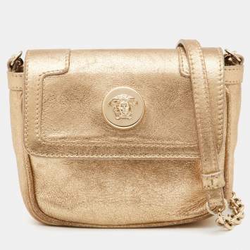 Pre Owned Versace Gold Shimmer Suede Medusa Crossbody Bag