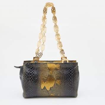Pre Owned Versace Black/Gold Python and Leather Medusa Studded Chain Shoulder Bag