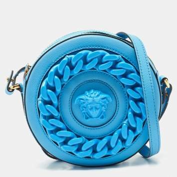 Pre Owned Versace Light Blue Leather La Medusa Round Crossbody Bag