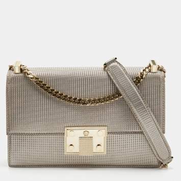 Pre Owned Versace Light Gold Textured Leather Diamante Flap Shoulder Bag