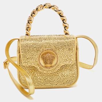 Pre Owned Versace Gold Satin Mini Limited Edition Crystal Embellished Top Handle Bag