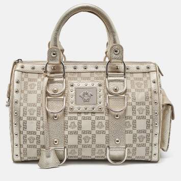 Pre Owned Versace Metallic Gold/Beige Signature Fabric and Leather Snap Out Of It Satchel