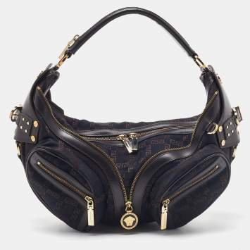 مملوكة مسبقًا Versace Brown/Black Signature Fabric and Leather Biker Hobo