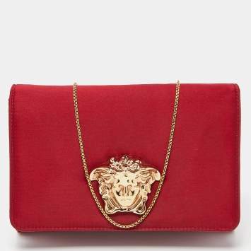 Pre Owned Versace Red Satin Palazzo Medusa Chain Clutch
