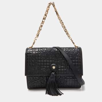Pre Owned Versace Black Leather Tassel Medusa Shoulder Bag