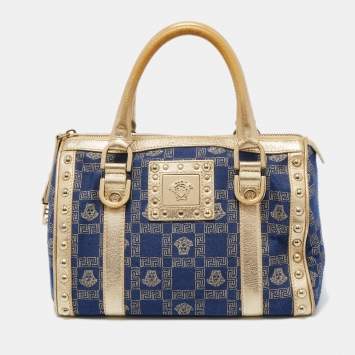 Pre Owned Versace Gold/Blue Monogram Fabric and Leather Studded Snap Out Of It Satchel