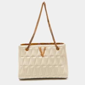 Pre Owned Versace Beige Quilted Leather Virtus Chain Tote
