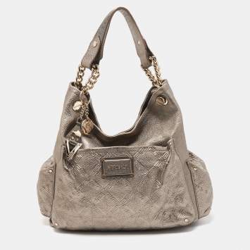 Pre Owned Versace Metallic Embossed Leather Front Pocket Shoulder Bag