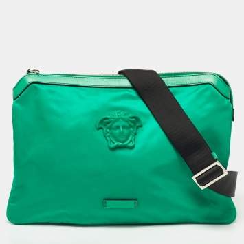 Pre Owned Versace Green Nylon and Leather Medusa Crossbody Bag