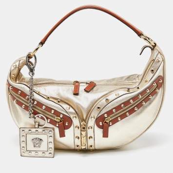Pre Owned Versace Gold/Brown Leather Studded Front Pocket Bag