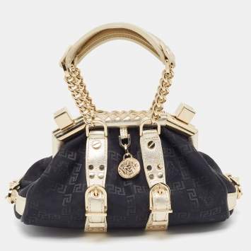 Pre Owned Versace Black/Gold Monogram Fabric and Leather Madonna Framed Satchel