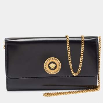 Pre Owned Versace Black Leather Crystals La Medusa Chain Clutch