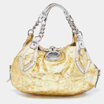 Pre Owned Versace Yellow/Silver Crinkled Hologram Patent Leather Medusa Flap Hobo 