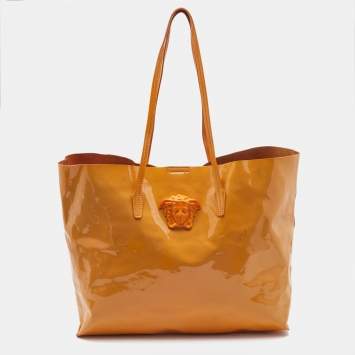 Pre Owned Versace Orange Patent Leather Medusa Icon Shopper Tote