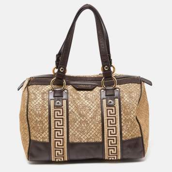 Pre Owned Versace Gold/Brown Signature Canvas and Leather Satchel