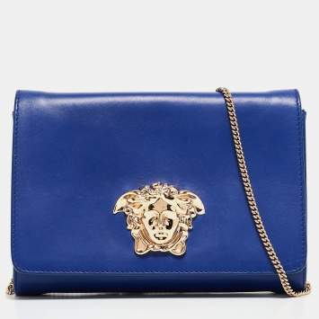 Pre Owned Versace Blue Leather Medusa Palazzo Shoulder Bag