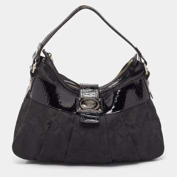 Pre Owned Versace Black Quilted Nylon and Croc Embossed Patent Leather Logo Hobo