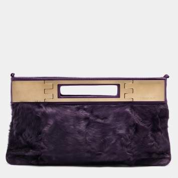 Pre Owned Versace Purple Pony Hair and Leather Metal Clutch