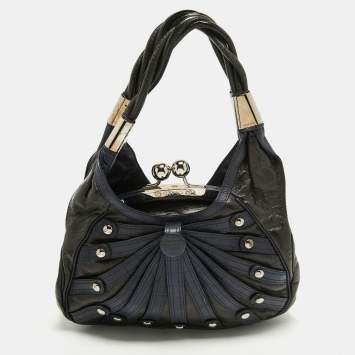 Pre Owned Versace Black/Navy Blue Croc Embossed Leather and Glossy Leather Kiss Lock Satchel