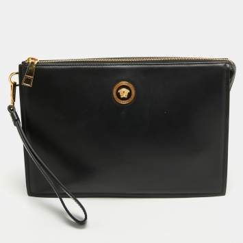 Pre Owned Versace Black Leather Medusa Head Wristlet Clutch
