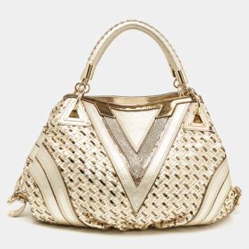 Pre Owned Versace Gold Woven Leather V Crystals Bag
