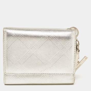 Pre Owned Versace Silver Embossed Leather V Charm Trifold Wallet