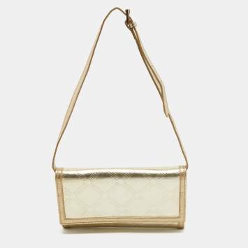 Pre Owned Versace Gold Embossed Leather Flap Wallet on Strap