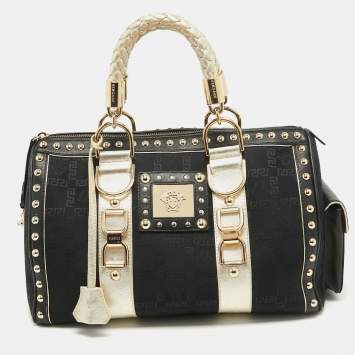 Pre Owned Versace Black/Gold Signature Fabric and Leather Studded Snap Out Of It Satchel