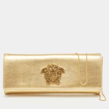 Pre Owned Versace Gold Leather Medusa Icon Crystals Chain Clutch