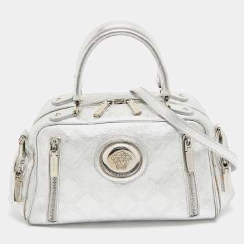 Pre Owned Versace Silver Monogram Embossed Leather Multi Pocket Medusa Satchel