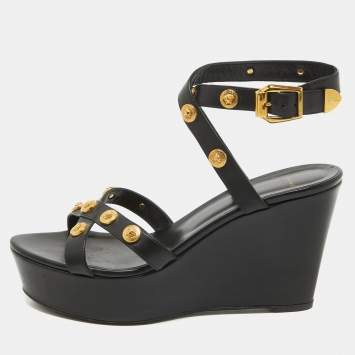 Pre Owned Versace Black Leather Medusa Wedge Sandals Size 40