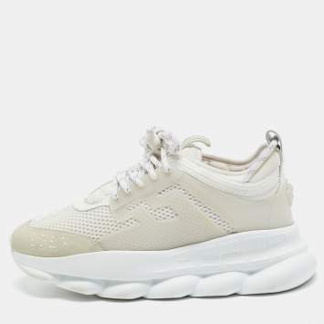Pre Owned Versace White Suede and PVC Chain Reaction Sneakers Size 40