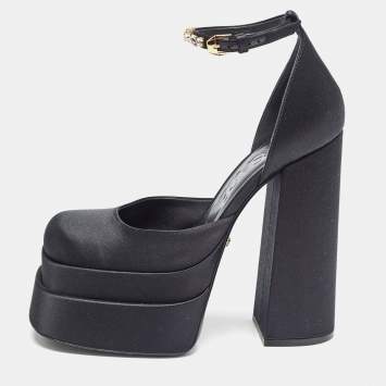 Pre Owned Versace Black Satin Aevitas Crystal Embellished Platform Block Heel Ankle Strap Pumps Size 39 