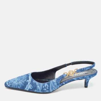 Pre Owned Versace Blue Denim Medusa '95 Barocco Slingback Pumps Size 41
