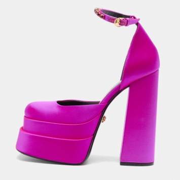 Pre Owned Versace Purple Satin Medusa Block Heel Pumps Size 38