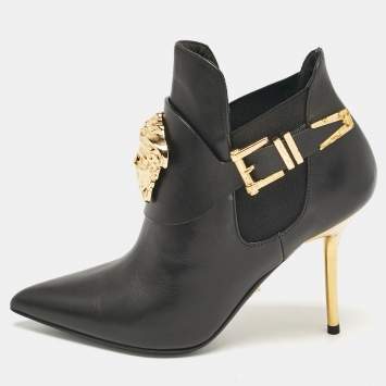 Pre Owned Versace Black Leather Medusa Head Ankle Booties Size 35