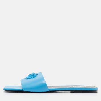 Pre Owned Versace Blue Leather Flat Slides Size 38