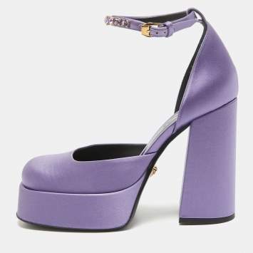 Pre Owned Versace Purple Satin Crystal Embellished Aevitas Platform Pumps Size 38.5