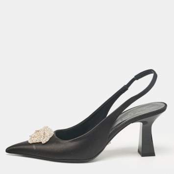 Pre Owned Versace Black Satin Crystal Embellished La Medusa Slingback Pumps Size 38