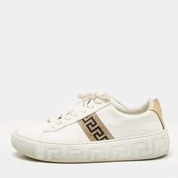 Pre Owned Versace White/Gold Leather Greca Low Top Sneakers Size 40
