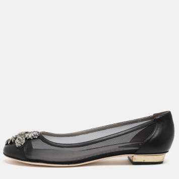 Pre Owned Versace Black Leather and Mesh Embellished Ballet Flats Size 38