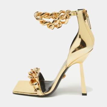Pre Owned Versace Gold Patent Leather Medusa Chain Ankle Strap Sandals Size 40