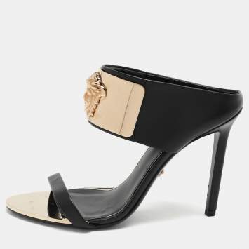 Pre Owned Versace Black/Gold Leather and Metal Medusa Slide Sandals Size 37