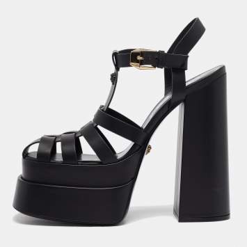 Pre Owned Versace Black Leather La Medusa Platform Sandals Size 40